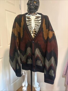Men's Multi-Color V-Neck Button Cardigan Sweater - Brown/Black/Gray